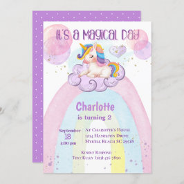 Niedliches Lila Einhorn 2. Geburtstag Regenbogen Einladung