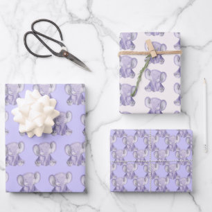 Niedliches Lila Elefantendesign-Schleifpapier Geschenkpapier Set