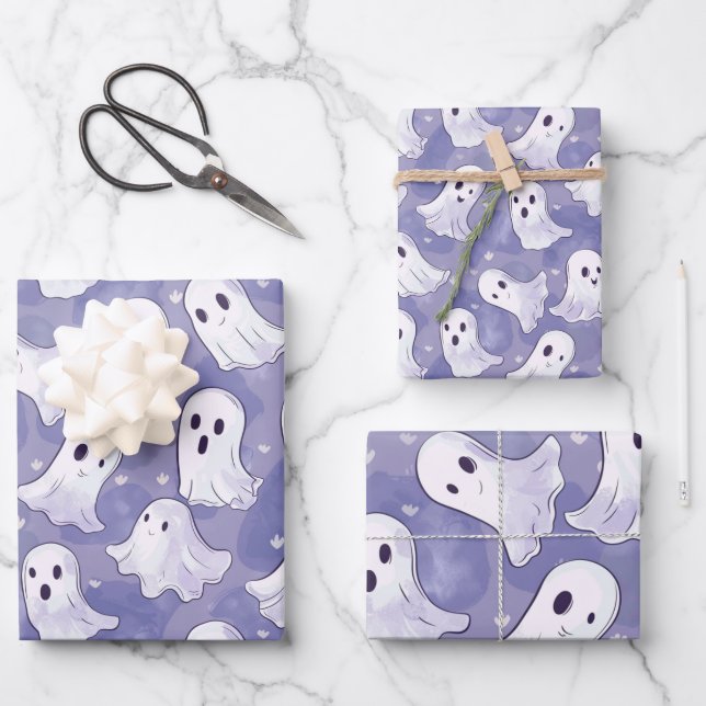 Niedliches Lila Ghost-Muster Geschenkpapier Set (Vorderseite)