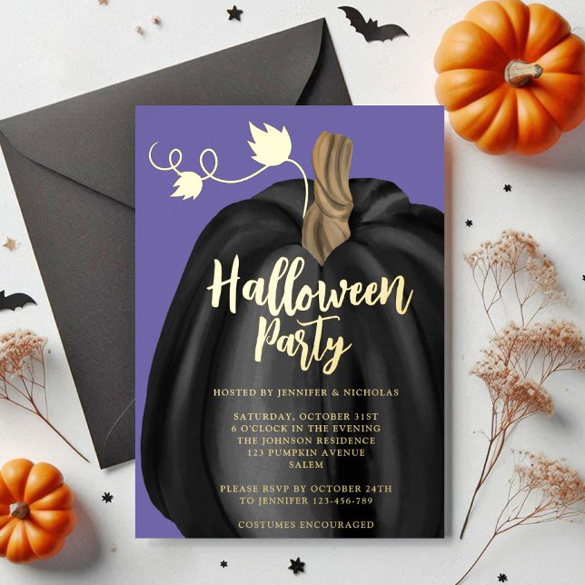 Niedliches Lila Gold Pumpkin-Halloween-Party Folieneinladung (Cute Purple Gold Pumpkin Halloween Party Foil Invitation)
