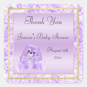 Niedliches lila Häschen danken Ihnen Baby-Dusche Quadratischer Aufkleber