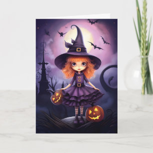 Niedliches Lila Hexenbild Halloween Karte