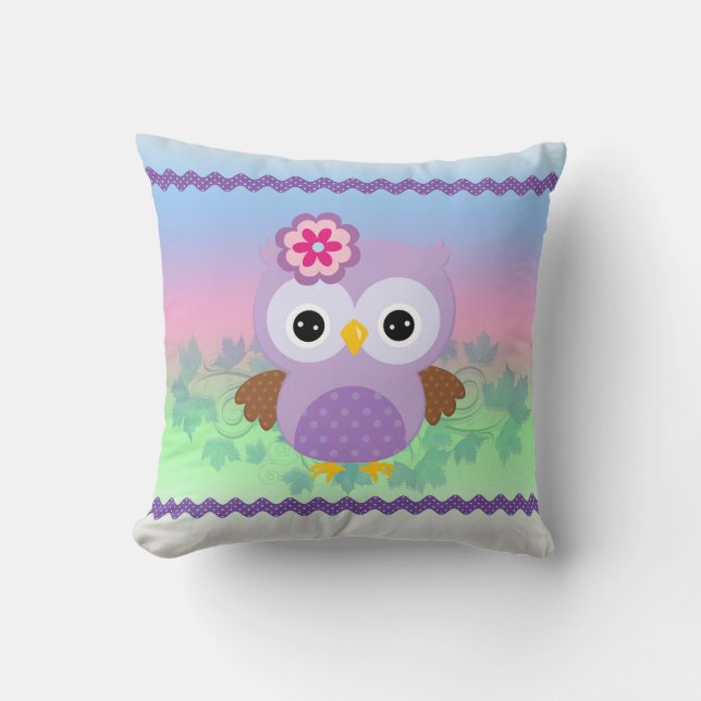 Niedliches Lila Owl Throw Kissen (Vorderseite)
