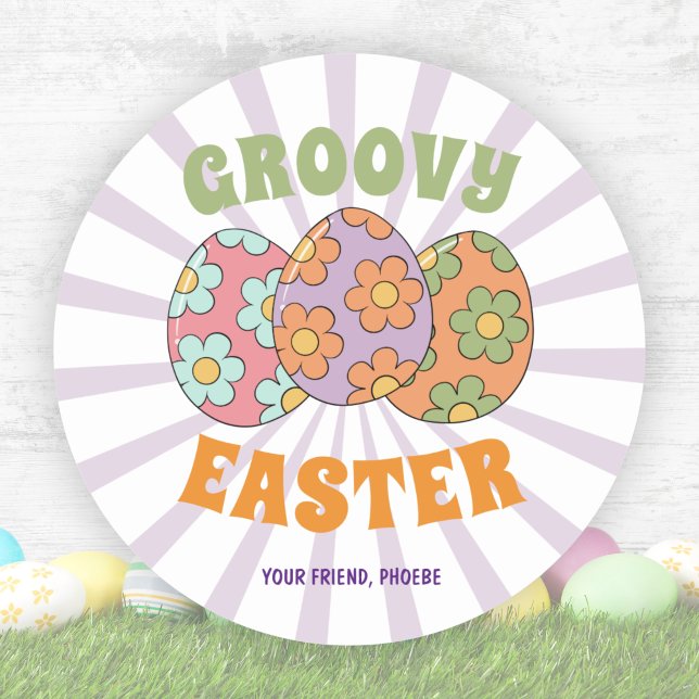 Niedliches Lila Retro Groovy Ostern Party Runder Aufkleber (Cute Purple Retro Groovy Easter Party Classic Round Sticker)