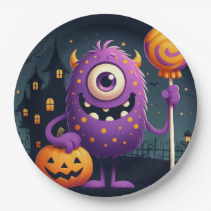 Niedliches, lila Trick-oder-Behandlung-Monster Pappteller