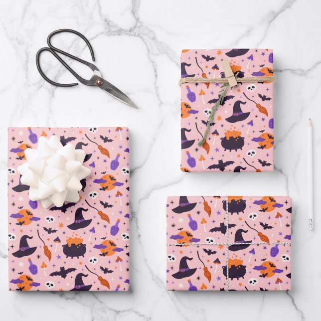 Niedliches Lila und rosa Halloween-Muster Geschenkpapier Set (Vorderseite)