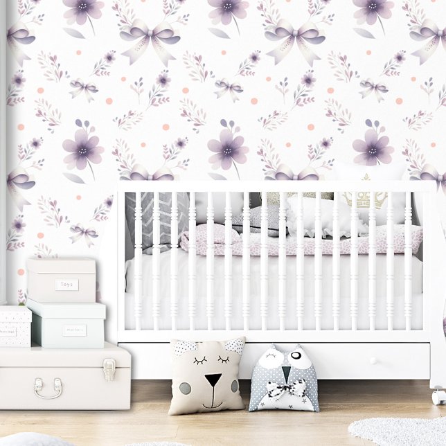 Niedliches Lila Weiße Blumenjungen Mädchen Kinder Tapete (Cute Purple White Floral Bow Girl Kids Wallpaper)