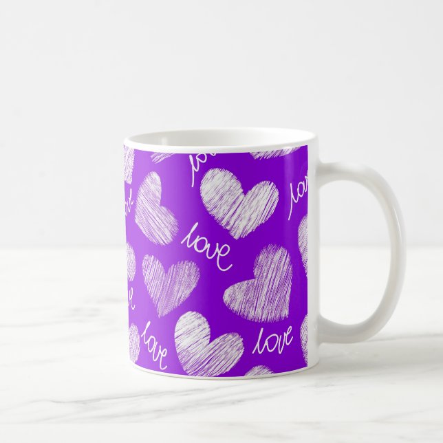 Niedliches Lila White Scribbled Herz mit Liebe Scr Kaffeetasse (Rechts)