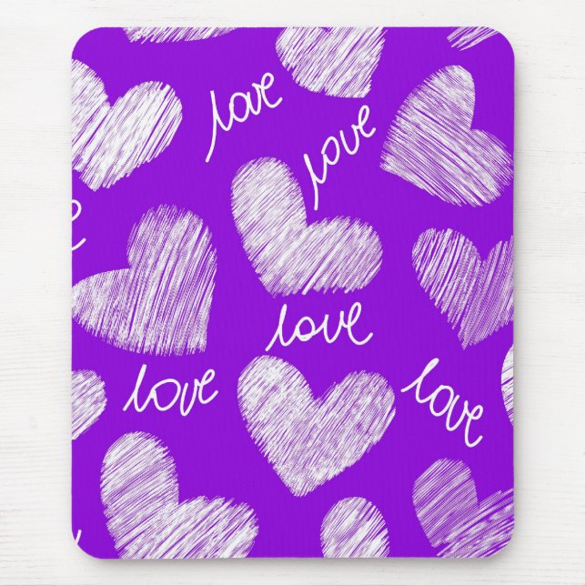 Niedliches Lila White Scribbled Herz mit Liebe Scr Mousepad (Vorne)