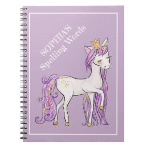 Niedliches Lila White Unicorn Tiara Schulfach Notizblock