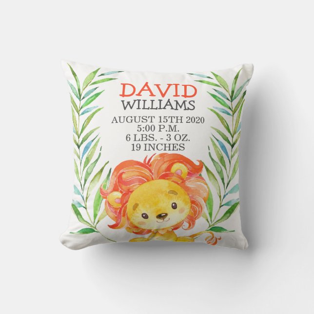 Niedliches Lion Boy Birth Stats Jungle Safari Kind Kissen (Vorderseite)