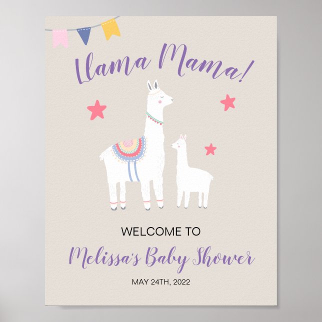 Niedliches Llama Mama Baby Dusche Begrüßungszeiche Poster (Vorne)