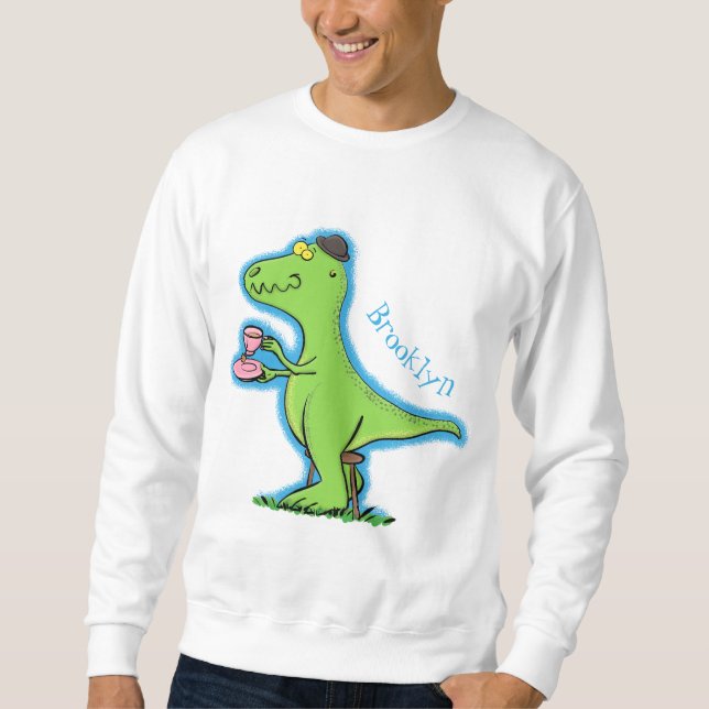 Niedliches, lustiges Grün zum Rex-Dinosaurier-Cart Sweatshirt (Vorderseite)