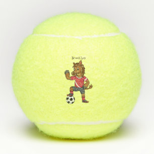 Niedliches lustiges Pferd beim Fußballspielen Cart Tennisbälle