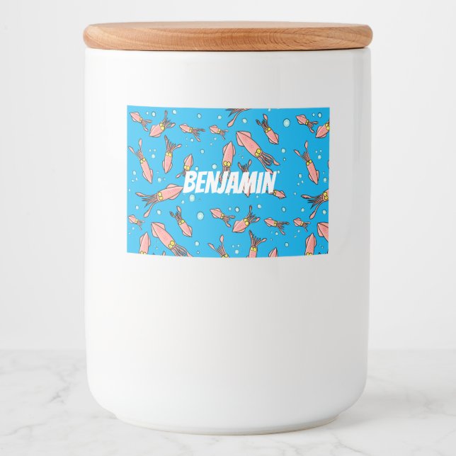 Niedliches, lustiges Rosa-Tintenfisch-Cartoon-Must Lebensmitteletikett (Vorderseite)