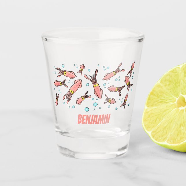 Niedliches, lustiges Rosa-Tintenfisch-Cartoon-Must Schnapsglas (Vorderseite)