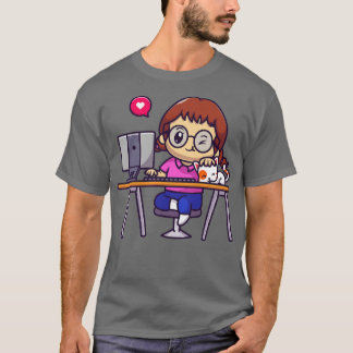 Niedliches Mädchen, das mit Cat-Cartoon am Compute T-Shirt