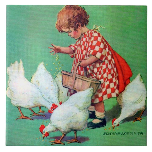 Niedliches Mädchen Füttre Hens von Jessie Willcox  Fliese (Vorderseite)