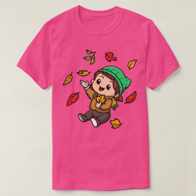 Niedliches Mädchen im Herbst Cartoon T-Shirt (Design vorne)