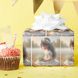 Niedliches Mädchen im Spitzenkleid mit Daisis Geschenkpapier