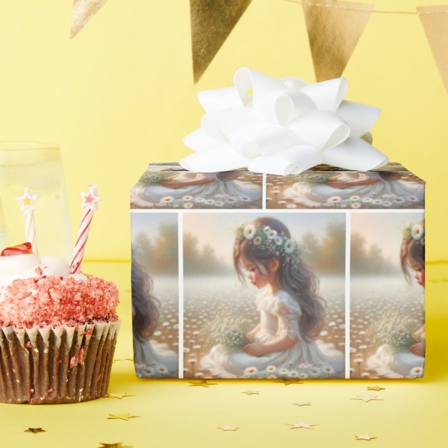 Niedliches Mädchen im Spitzenkleid mit Daisis Geschenkpapier (Geburtstagsparty)
