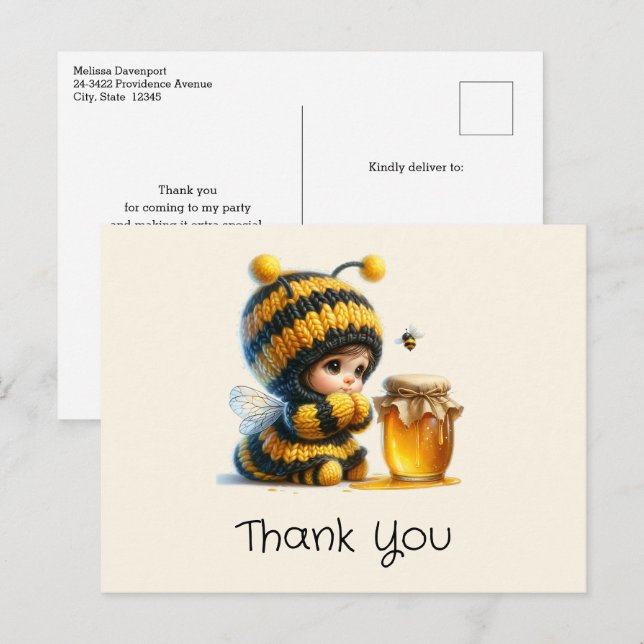 Niedliches Mädchen in Bee Costume mit Honey Danke Postkarte (Vorne/Hinten)
