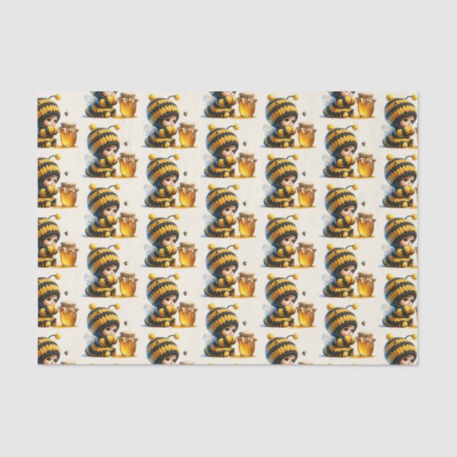 Niedliches Mädchen in BienenKostüm mit Honig Seidenpapier (Vorderseite)