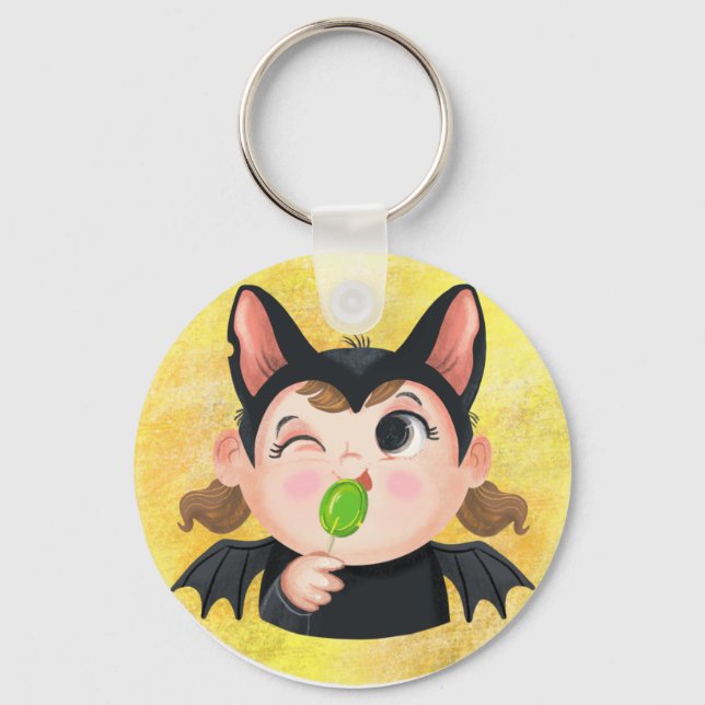 Niedliches Mädchen in Fledermauskostüme Papier Tel Schlüsselanhänger (Vorderseite)