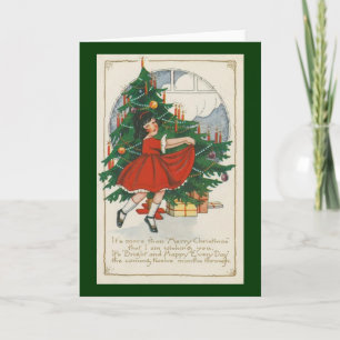 Niedliches Mädchen in Red Dress Weihnachtskarte Feiertagskarte