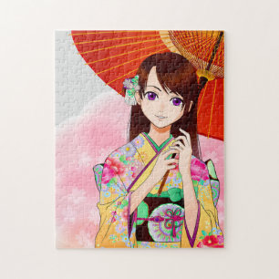 Niedliches Mädchen in rosa Kimono mit rotem Schirm Puzzle