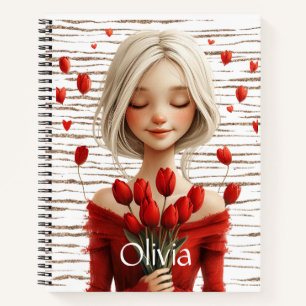 Niedliches Mädchen in rotem Kleid mit Tulpen Notizbuch