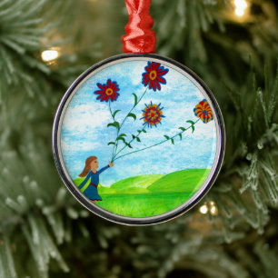 Niedliches Mädchen mit Blume Retro Ornament Aus Metall