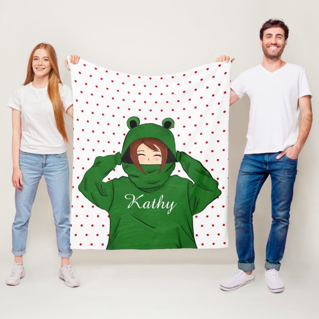 Niedliches Mädchen mit Green Frog Hoody Zeichnend Fleecedecke (Beispiel)