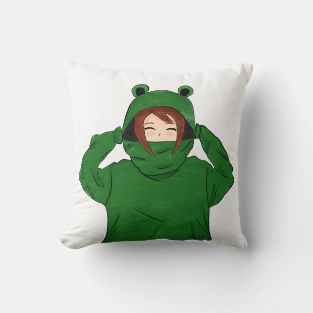 Niedliches Mädchen mit Green Frog Hoody Zeichnend Kissen (Vorderseite)