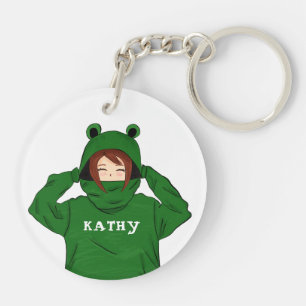 Niedliches Mädchen mit Green Frog Hoody Zeichnend Schlüsselanhänger