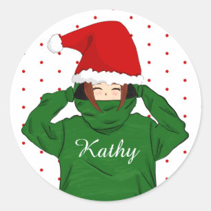 Niedliches Mädchen mit grüner Hoodie Weihnachtsman Runder Aufkleber