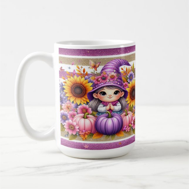 Niedliches Mädchen mit Hut mit bunten Blume, Pumpk Kaffeetasse (Links)
