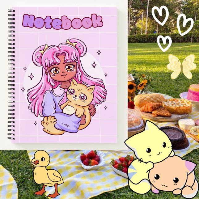 Niedliches Mädchen mit Katze 🌸 😺 🥨 ✨ Notizbuch (Von Creator hochgeladen)