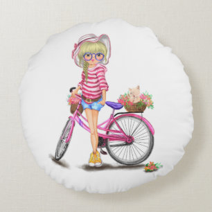 Niedliches Mädchen mit rosa Bike Runde Kissen