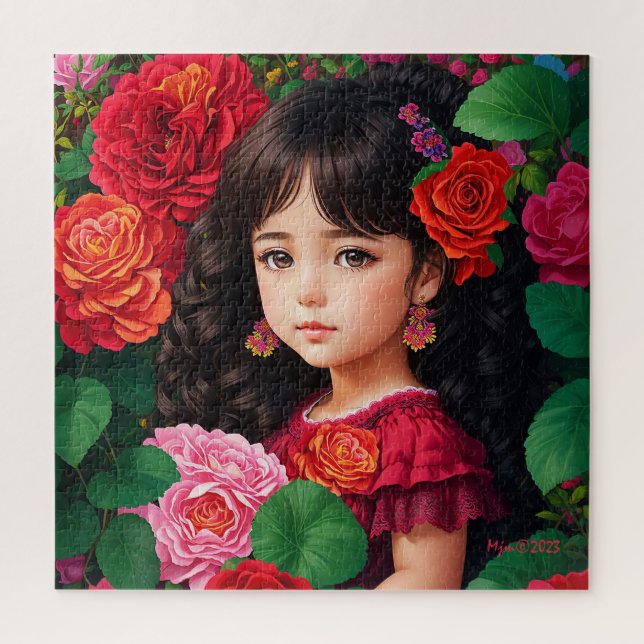 Niedliches Mädchen mit rosa Rosa-Blume Puzzle (Vertikal)