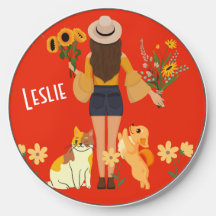 Niedliches Mädchen mit Sonnenblumen Katze & Hund