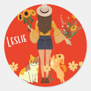 Niedliches Mädchen mit Sonnenblumen Katze & Hund Runder Aufkleber