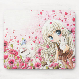 Niedliches Mädchen mit weißer Katze auf rosa Mousepad