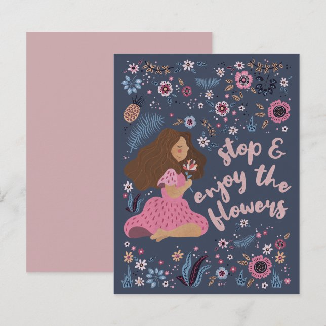 Niedliches Mädchen und Blume - Stoppen und genieße Mitteilungskarte (Vorne/Hinten)