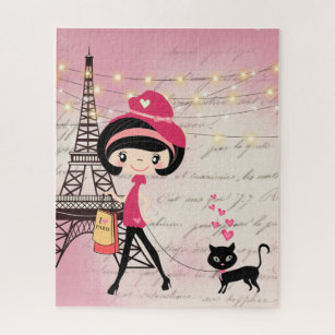 Niedliches Mädchen und Katze im Pariser Eiffelturm Puzzle