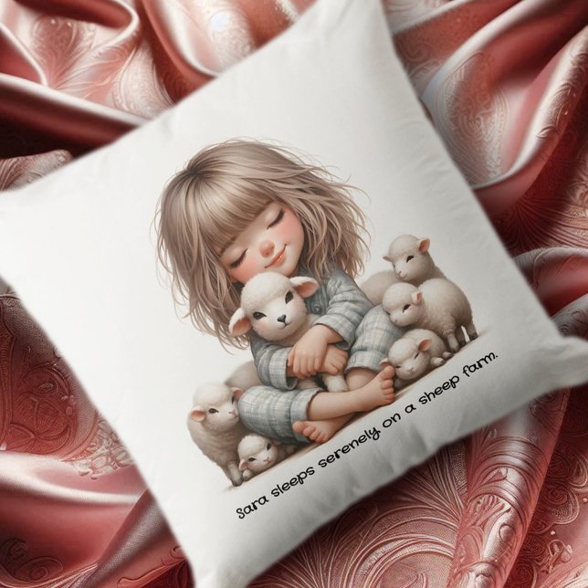 Niedliches Mädchenschlafen auf einer Schaffarm Kissen (Cute Girl Cuddles Sheep in Her Sleep Throw Pillow Cover Photo)