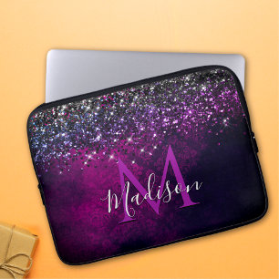 Niedliches Magenta Glitzer Monogramm Laptopschutzhülle