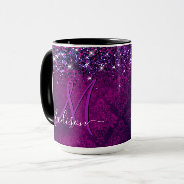 Niedliches Magenta Glitzer Monogramm Tasse (Vorderseite Links)
