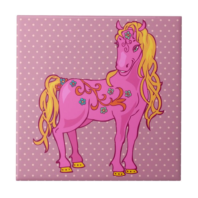 Niedliches Magisches Pferd mit Regenbogen-Blume Fliese (Vorderseite)