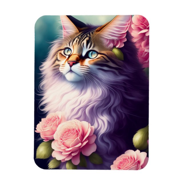 Niedliches Maine Coon Cat Face & Blume Magnet (Vertikal)